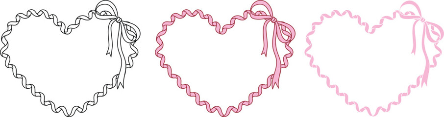 Hand drawn bow ribbon heart shape frame with editable stroke thickness for wedding, valentines card and so on. Vector illustration.