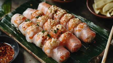 Fresh and Delicious Shrimp Rice Rolls on a Banana Leaf Platter