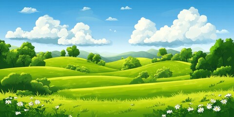 Fototapeta premium Sunny meadow with shadows of trees and distant hills