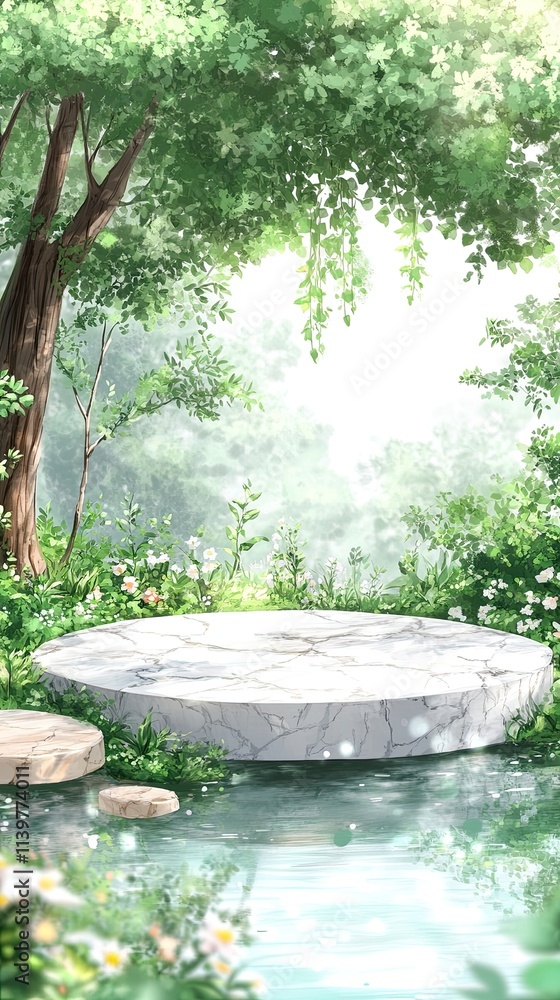 Poster a circular marble podium stands in a serene forest setting, surrounded by greenery and a small pond,