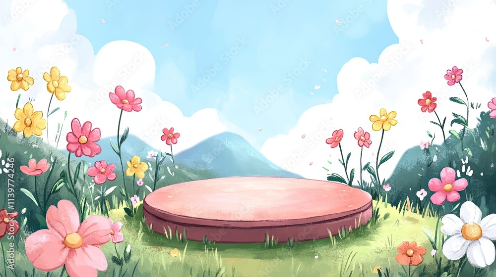 Aufkleber a circular platform sits in a field of colorful flowers and green grass with a mountain range in the