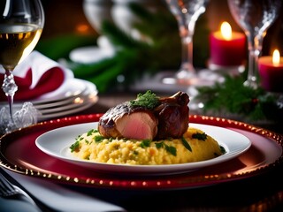 Veal Shank Ossobuco with Saffron Risotto and Gremolata on Winter Holiday Table. Ai