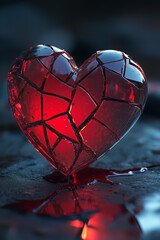 A large, realistic glass heart shattered into several pieces, with glowing red cracks running through it. Tiny droplets of blood seep from the cracks and pool on a dark, smooth stone surface below.  