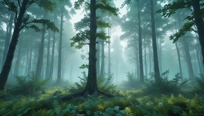 Obraz premium Misty forest scene with towering trees and foliage in teal blue and green hues, teal blue, tree foliage, jungle like