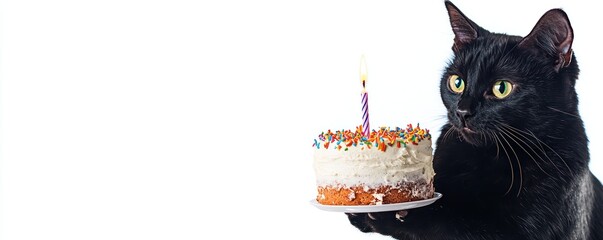 A black cat holding a birthday cake with a lit candle, isolated on a white background.