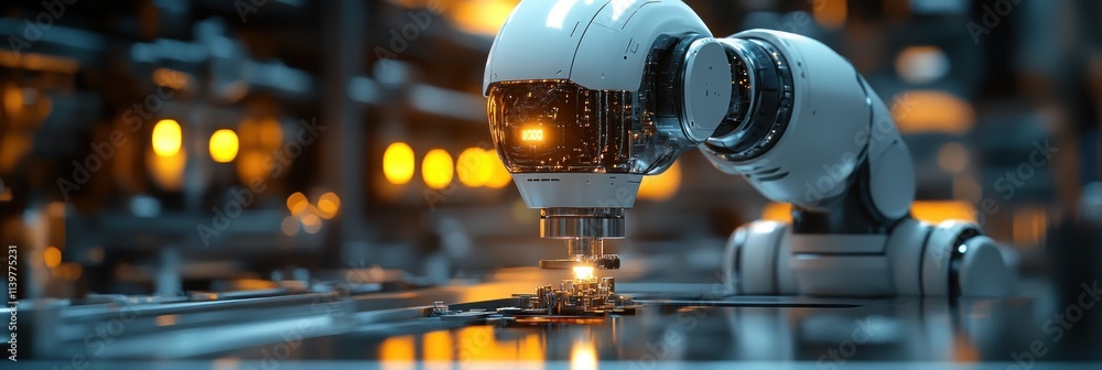 Poster a robotic arm working on a circuit board in a high-tech industrial setting.