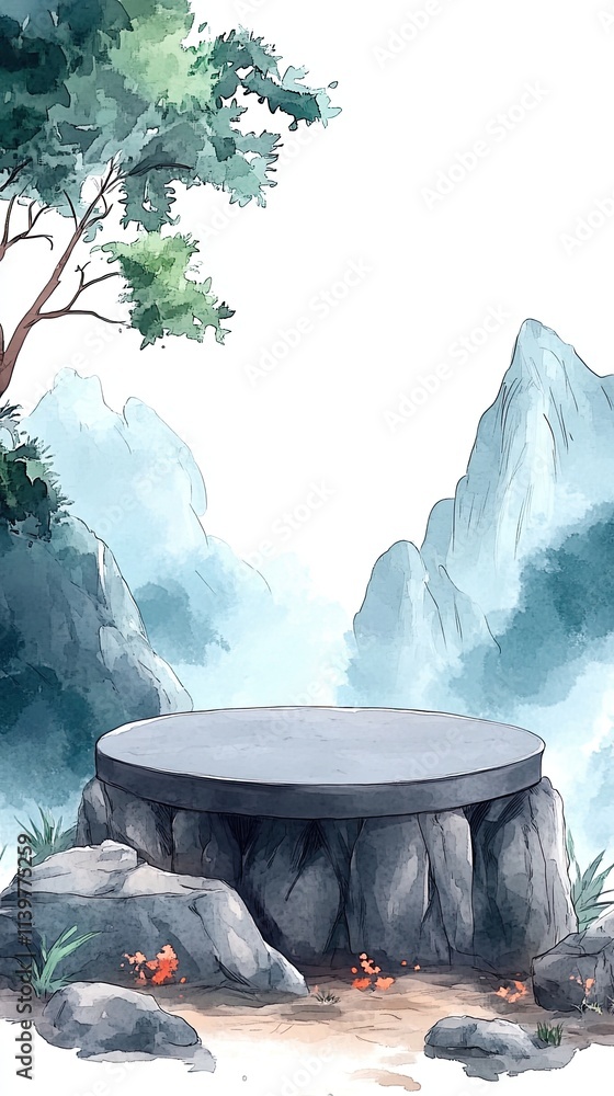 Poster a circular stone platform rests upon a rocky base in a scenic mountainous landscape with a single tr