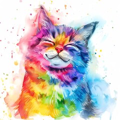 a smiling rainbow cat, fantasy animal, watercolor illustration, bright and cheerful, isolated on white background
