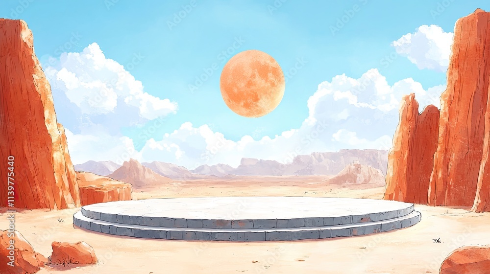 Poster a circular stone platform sits in the middle of a vast desert landscape with red rock formations and