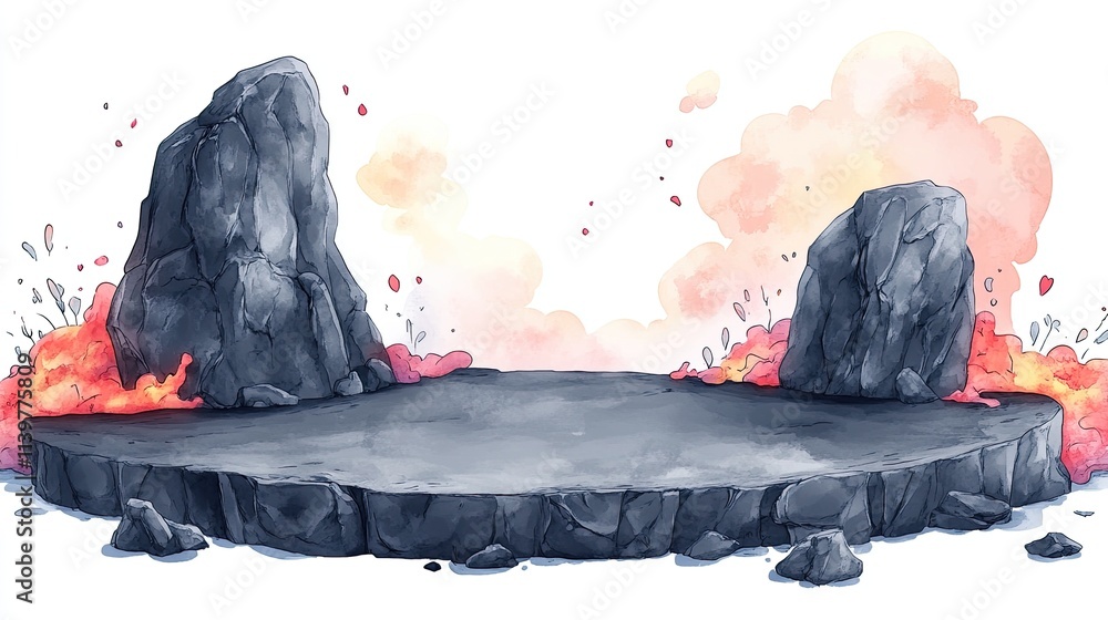 Poster a circular stone platform with two rock formations on either side, surrounded by fiery flames and pi