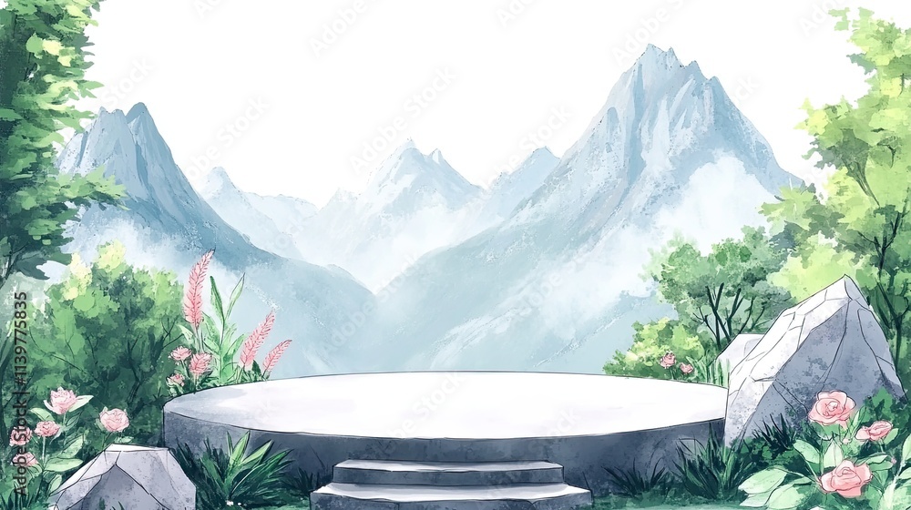 Poster a circular stone platform with steps leading to it sits in a lush green forest with mountains in the