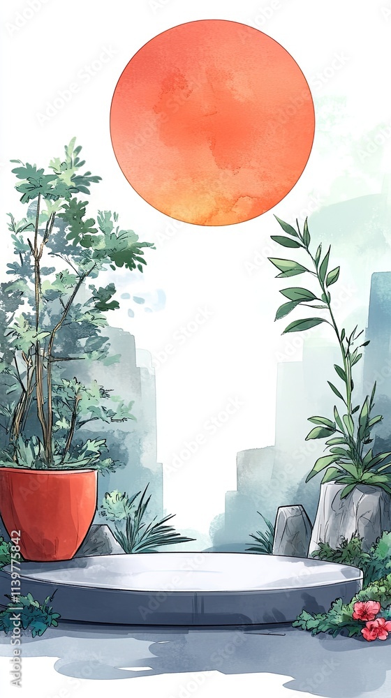 Poster a circular stone platform with a red pot and plants in front of a large red sun and mountains in the