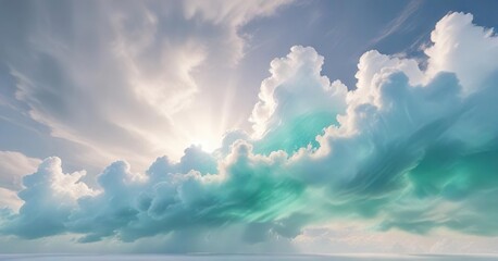 Obraz premium Iridescent clouds of blue and green dance across a serene white background , peaceful ambiance, pastel colors