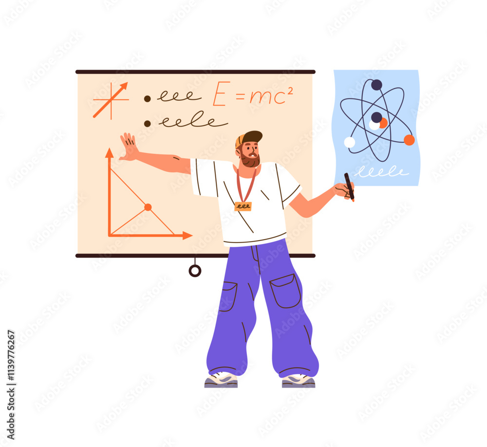 Poster teacher pointing on whiteboard and explains physics course in classroom. scientist, physicist teache