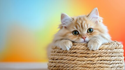 Fluffy Orange Cat Resting in a Round Woven Basket with Colorful Background