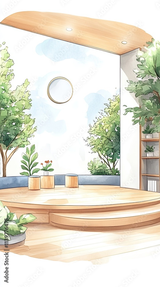 Poster a circular wooden platform with steps and a bookshelf in a room with a white wall and a window overl
