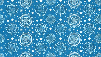 Seamless pattern featuring minimalist white firework icons on a vibrant blue background, perfect for party celebrations, explosive fun events, and stock photography projects.