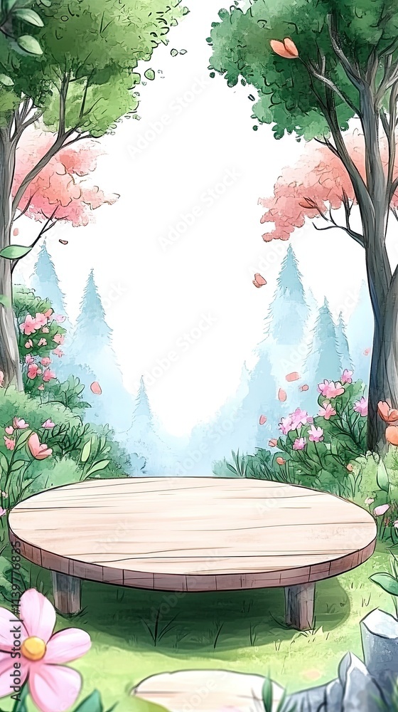 Poster a circular wooden table with a forest backdrop.
