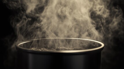Steam Rising from a Black Pot on a Dark Background in a Kitchen
