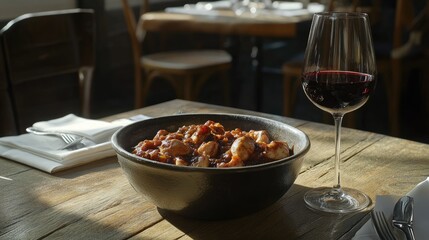 Delicious Meal in Elegant Restaurant Setting with Wine Glass