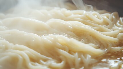Steaming Hot Noodles in Broth with Decorative Mist and Texture