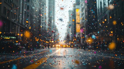 Obraz premium A city street background filled with falling confetti during a celebration, capturing the festive mood of a public party or parade
