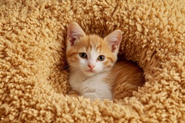 Adorable orange kitten snuggled in fluffy round bed surrounded by soft texture