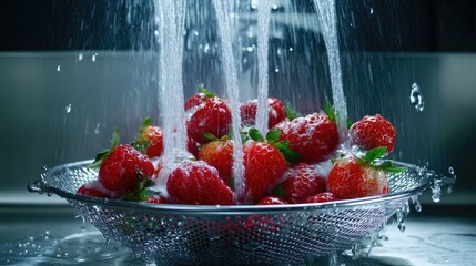 Fresh Red Strawberries Being Rinsed in a Silver Colander Under Water