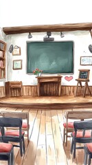 A cozy classroom with a stage, chalkboard, and wooden chairs.