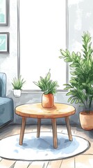 Fototapeta premium A cozy living room with a round wooden coffee table, a blue sofa, two plants, and a white rug.