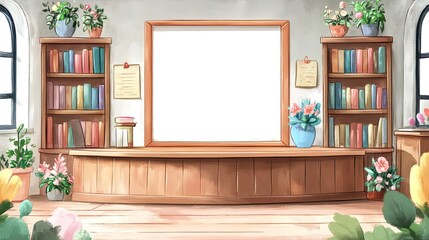 A cozy room with a large blank frame, bookshelves, and plants.