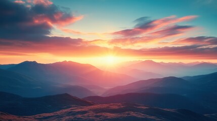 Obraz premium Majestic Mountain Sunset with Vibrant Sky and Silhouetted Peaks