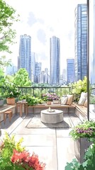 Naklejka premium A cozy urban balcony with lush greenery, a fire pit table, and a city skyline view.