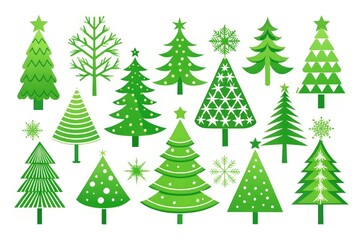 Set of minimalist green Christmas tree icons for holiday decor, winter celebrations, and New Year symbols. Flat design on white background adds festive charm to any occasion.