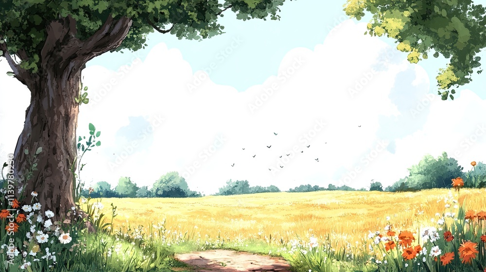 Poster a dirt path winds through a field of golden wheat, with a large tree on the left side of the frame a