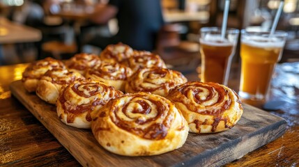 Freshly Baked Cinnamon Rolls on Wooden Display with Beverages