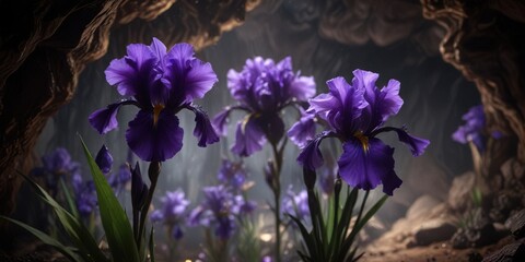 In a dark and mysterious cave, delicate purple irises unfurl their petals to greet the darkness , greet, petals, bloom © Patchanee