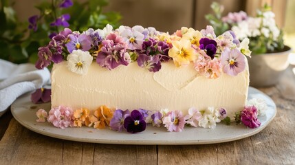 Delightful Flower Topped Cake Decorated with Colorful Edible Blooms