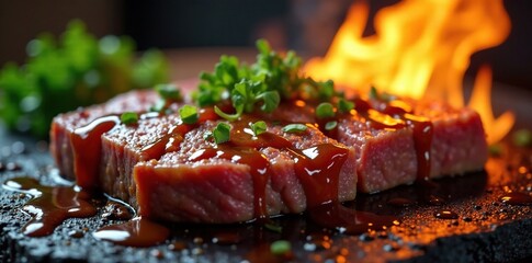 Hot grates sizzling marble beef with savory sauce drizzled over, beef, heat