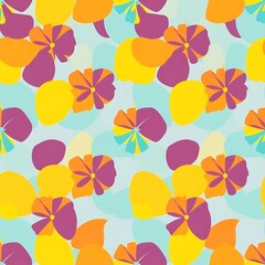 Tropical Floral Seamless Pattern:  A vibrant and cheerful seamless pattern featuring stylized flowers in shades of purple, orange, and yellow against a soft blue background.