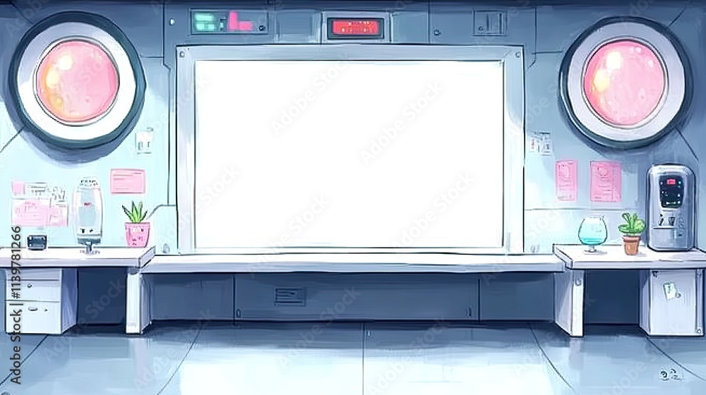 Poster a futuristic laboratory interior with a large blank screen, perfect for adding your own content.
