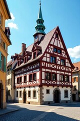 Fototapeta premium Historisches Rathaus mit blauem Himmel und Spitzdach, Europa, Architektur, Blauhimmel