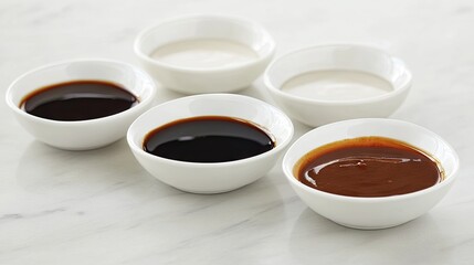 Assorted Sauces in White Bowls on Marble Surface