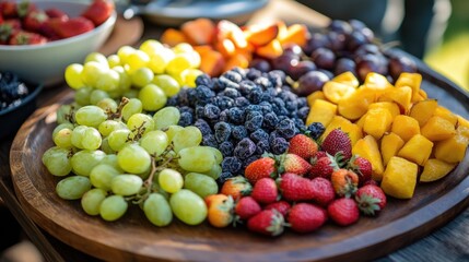 Fresh and Colorful Assorted Fruits Displayed on Wooden Platter