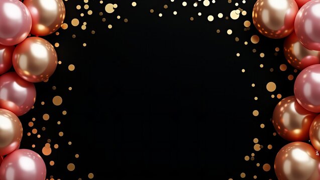 Glossy Pink and Gold Balloons with Confetti on a Black Background

