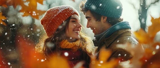 Young Couple Enjoying Colorful Winter-Autumn Day in Snowy Park Scenery