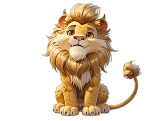 3D cartoon-style lion with a fluffy golden mane, big curious eyes, and a playful grin. Detailed fur texture, exaggerated paws, and a dynamic sitting pose