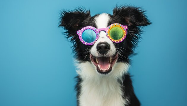 A cute Border Collie puppy with silly birthday eyeglasses, celebrating the occasion with joy.