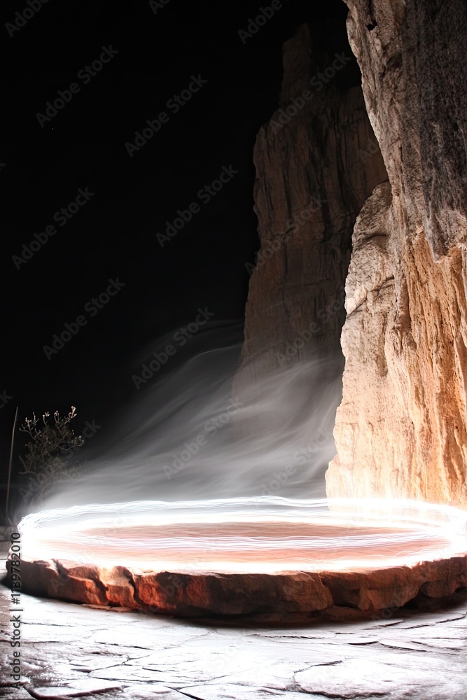 Poster a glowing circle of light illuminates a stone platform in the night. the platform is surrounded by r
