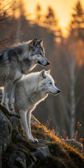 Obraz premium Two Wolves in a Tranquil Forest at Dusk